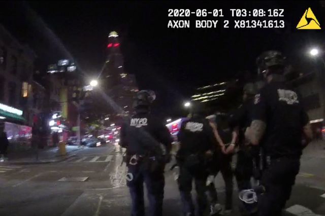A still from NYPD body-worn camera footage obtained by Gothamist showing officers making an arrest in Downtown Brooklyn during the 2020 racial-justice protests.